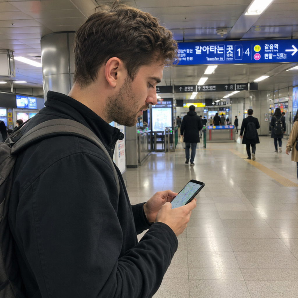 Traveler checking subway directions inside Seoul Station