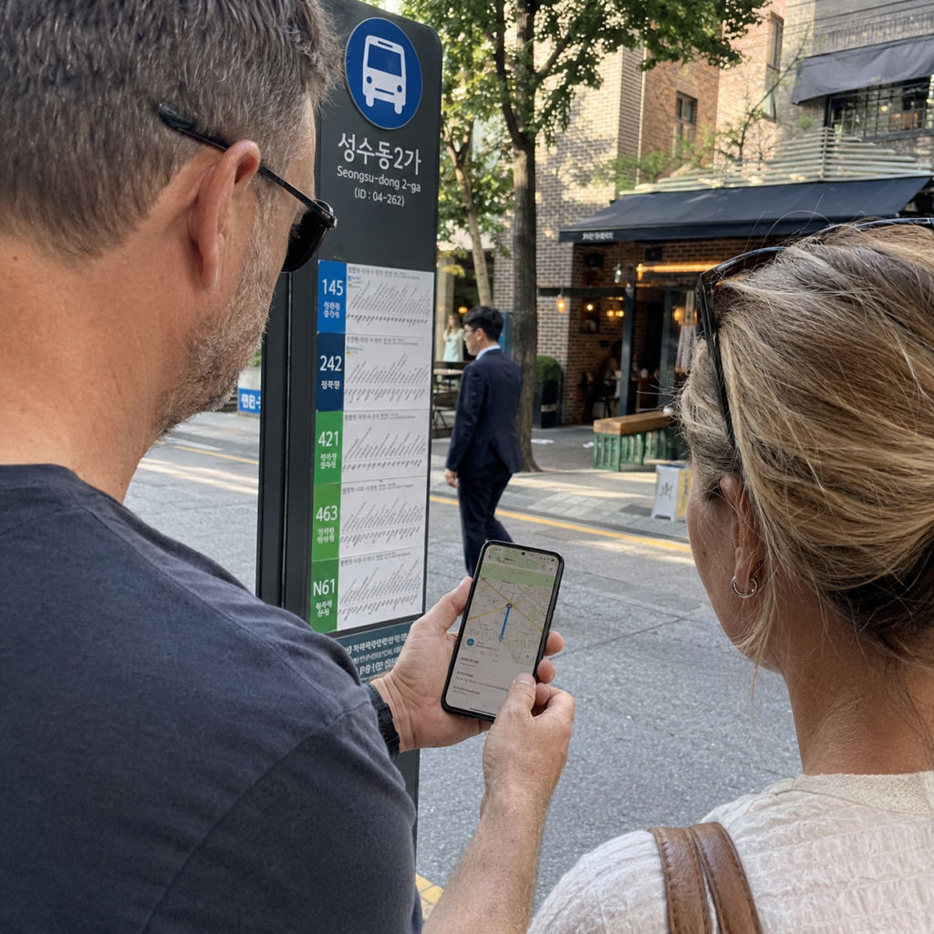 Couple comparing map routes near a Korean bus stop