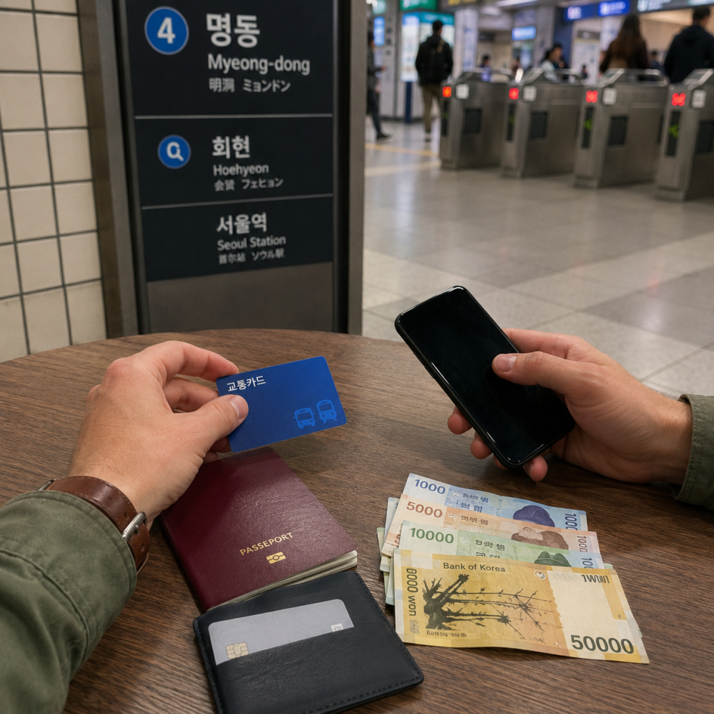 Phone, card, T-money, and cash prepared for Korea travel