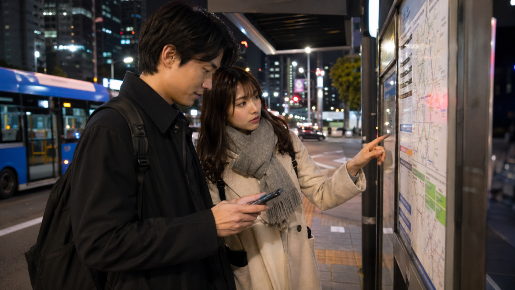ソウルの夜に配車アプリと深夜バスを比較しながら移動方法を考える日本人カップル