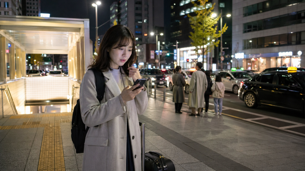 ソウルの地下鉄出口付近で深夜タクシーを呼ぼうとしてスマートフォンを確認する日本人女性旅行者