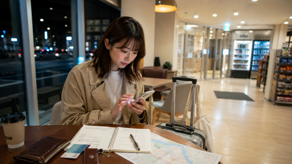 韓国で深夜タクシーが捕まらずコンビニやホテルで代替移動手段を確認する日本人旅行者