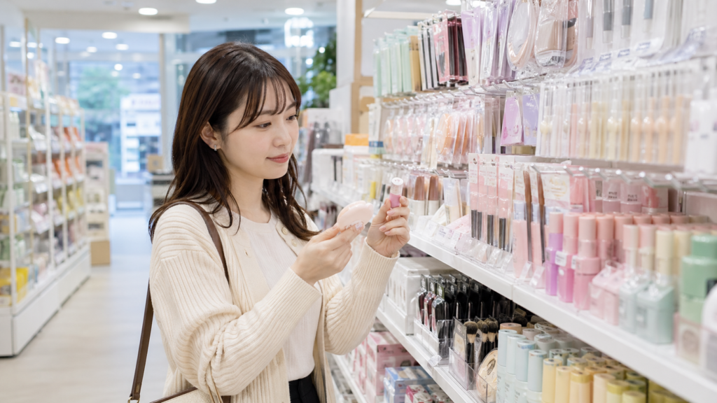 韓国ダイソー風の売り場で人気コスメや美容小物を比較しながら選ぶ日本人女性