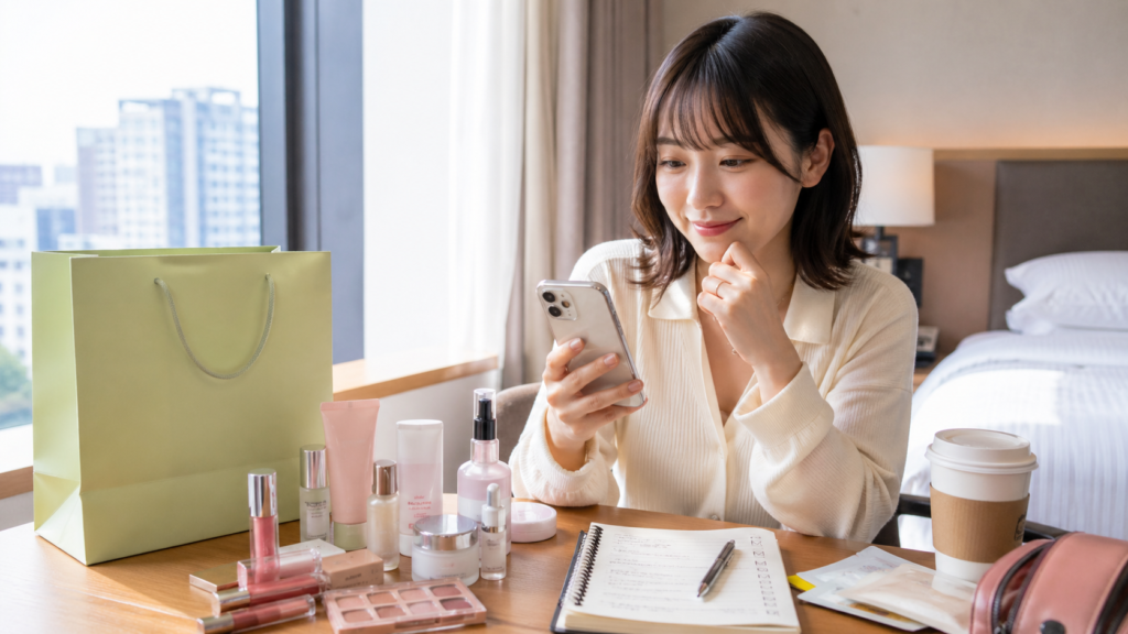 韓国のホテルで購入したコスメを並べてスマートフォンで買い物計画を確認する日本人女性