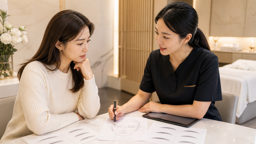 韓国・ソウルの美容クリニックで眉毛アートメイクのデザイン相談を受ける日本人女性。施術者と眉の形や顔のバランスを確認している様子