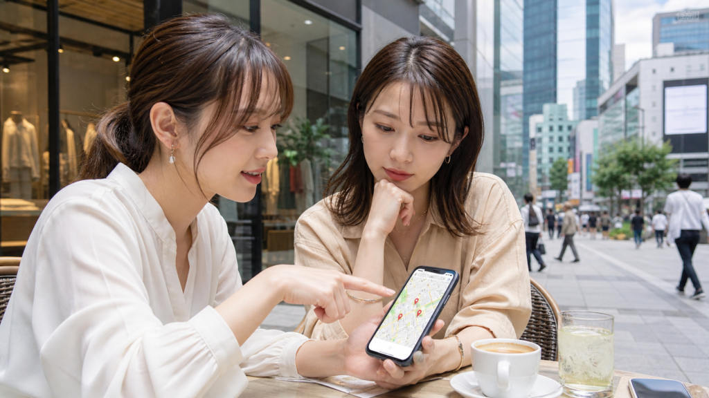 ソウルの街中でスマートフォンの地図を見ながら眉毛アートメイククリニックを比較する日本人女性2人。明洞と江南の店舗選びをイメージした写真