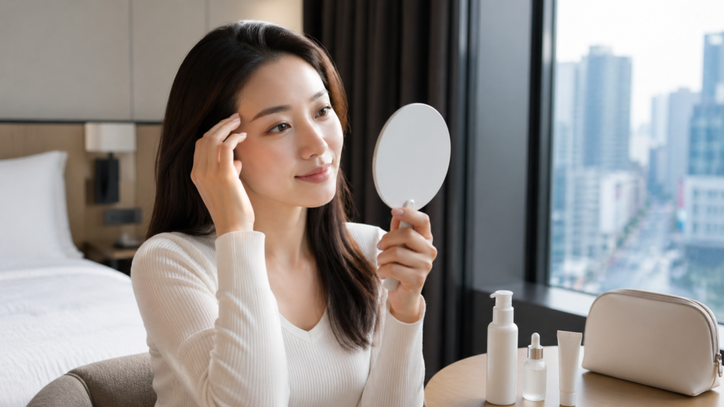 韓国・ソウルのホテルで手鏡を使って施術後の眉をやさしく確認する日本人女性。眉毛アートメイク後のアフターケアをイメージした写真