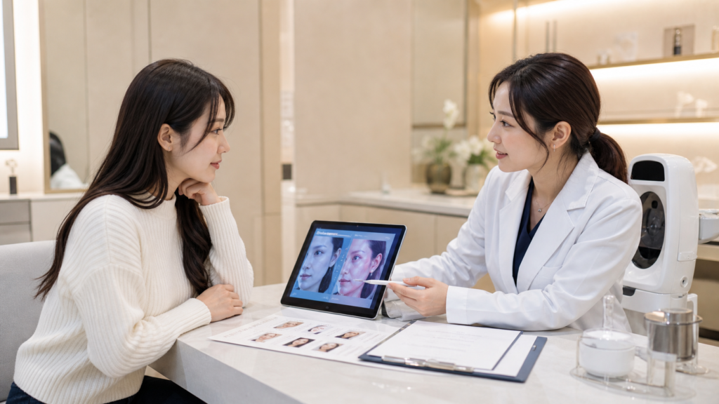 韓国・ソウルの美容皮膚科で日本語対応のカウンセリングを受ける日本人女性。毛穴や赤みなどの肌悩みを相談している様子