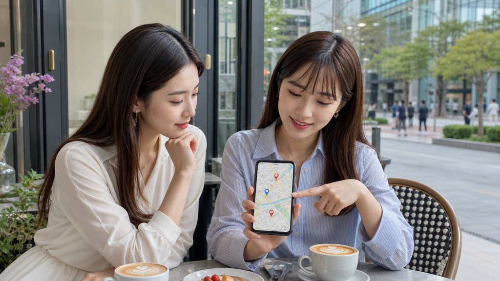 ソウルで日本語対応の美容皮膚科を比較する日本人女性2人。往十里や建大、清潭エリアの穴場クリニックを検討するイメージ