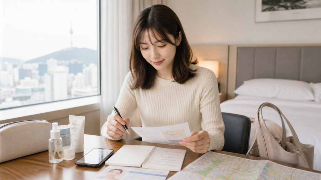 韓国旅行中に美容皮膚科の予約内容やアフターケアを確認する日本人女性。ソウルのホテルで来院準備をしている様子