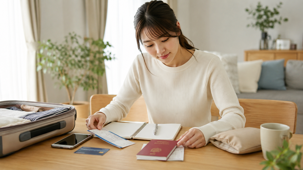 韓国旅行初心者の女性がパスポートや航空券、スマートフォンを確認しながら渡韓準備をしている様子