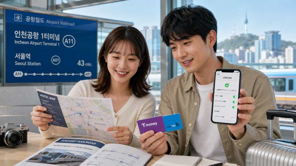 韓国旅行初心者の日本人カップルが空港鉄道、交通カード、eSIM設定、ホテル地図を比較しながら確認している様子