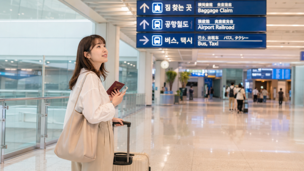 仁川空港の到着ロビーで案内表示を見ながら行動する韓国旅行初心者の日本人女性