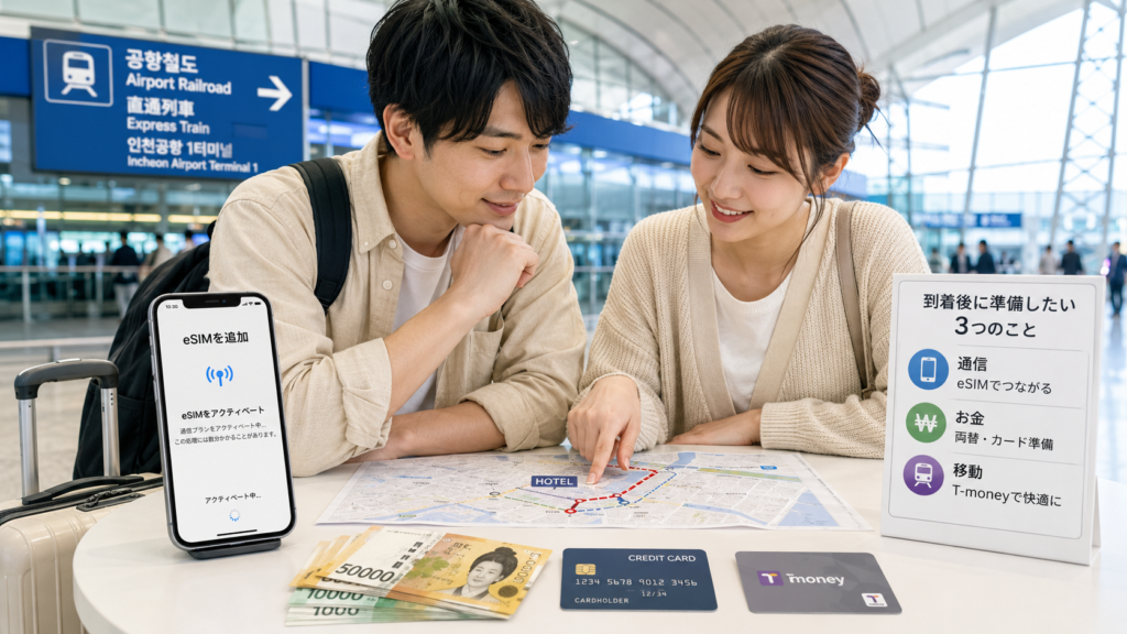 韓国到着後にeSIM設定、両替、交通カード、ホテルまでの地図を確認している日本人カップル