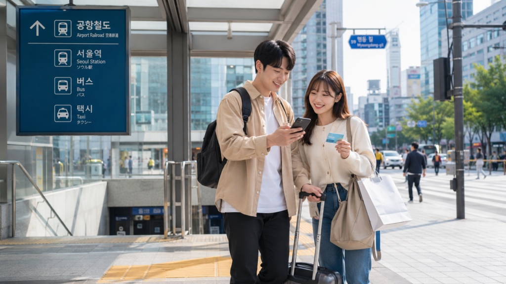 韓国到着後にソウル市内でスマートフォンの地図を見ながらホテルへ移動する日本人カップル