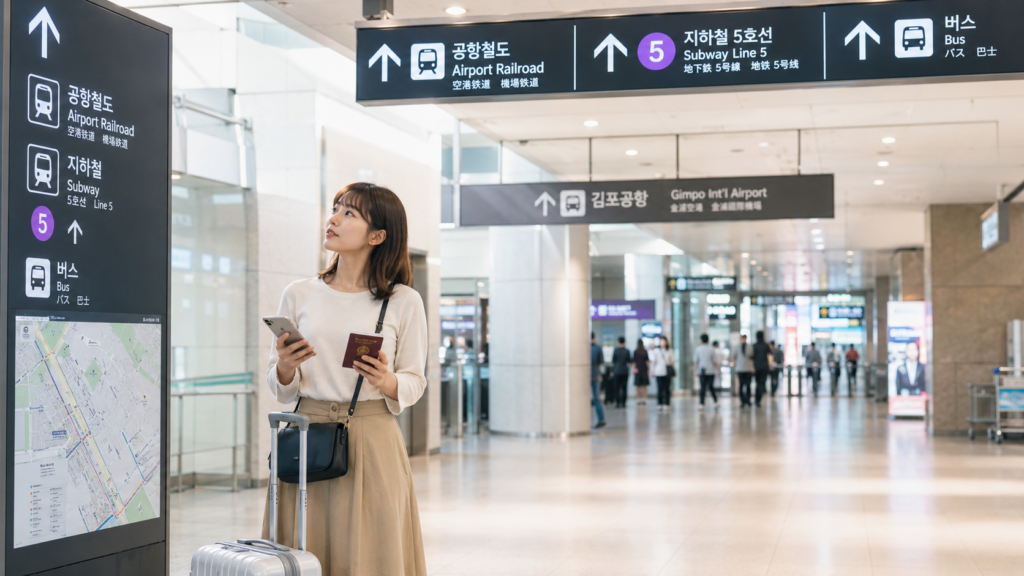 金浦空港で案内表示を見ながら次の移動を確認している韓国旅行初心者の日本人女性