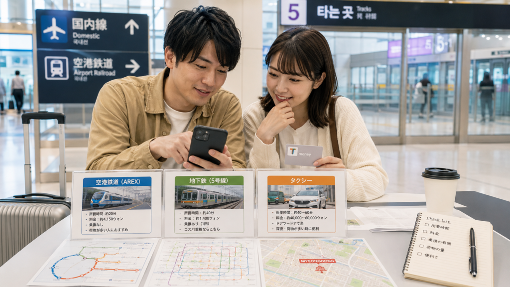 金浦空港から明洞までの行き方をスマートフォンや交通カードを見ながら比較している日本人カップル