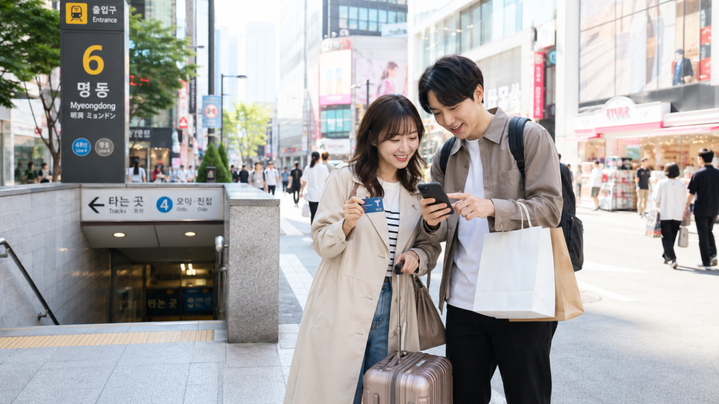明洞駅周辺で地図アプリを確認しながらホテルへ向かう日本人カップルの旅行風景