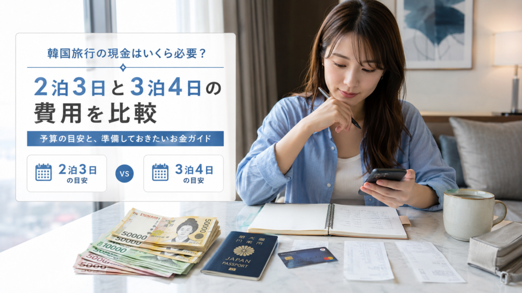 韓国旅行の2泊3日と3泊4日で必要な現金の目安を考える日本人旅行者のイメージ画像