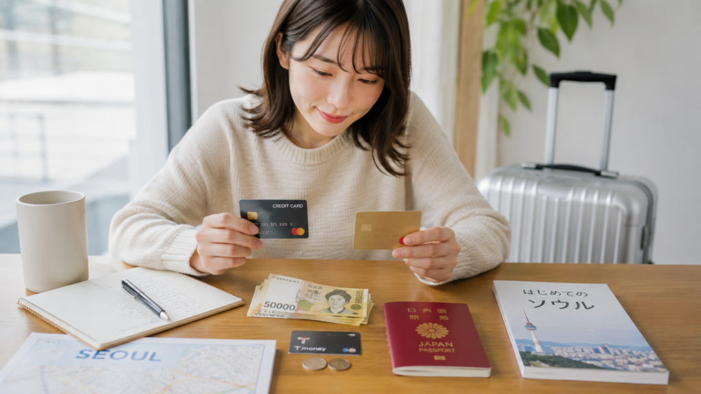 韓国旅行前にサブカードや現金を準備して支払いトラブルを防ぐ日本人旅行者の画像