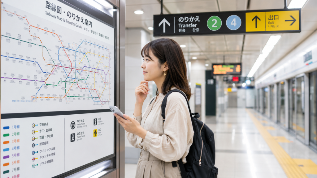 ソウルの地下鉄駅で路線図とのりかえ案内を確認する日本人女性旅行者