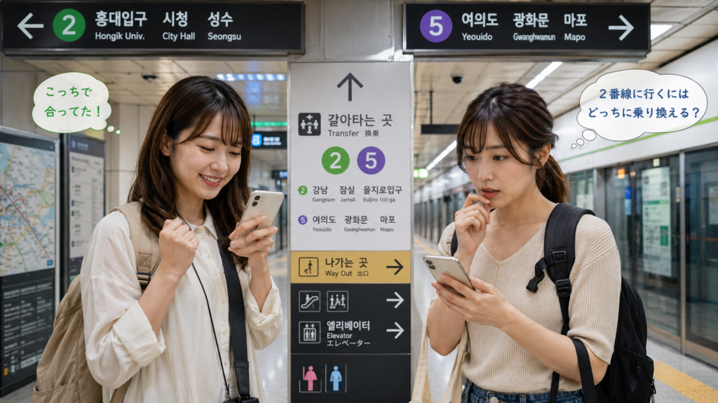 ソウルの地下鉄駅で正しいホームを見つけた人と乗り換えに迷っている人を比較する日本人女性旅行者2人