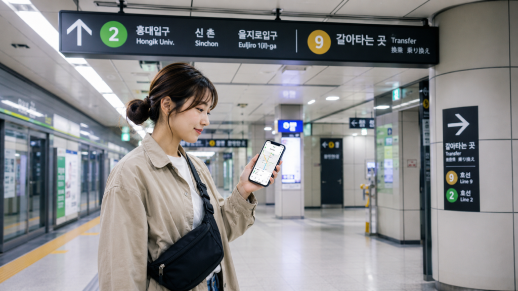ソウルの地下鉄駅で乗り換え案内を見ながらスマートフォンの経路画面を確認する日本人女性旅行者