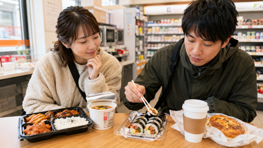 韓国コンビニの弁当、カップラーメン、キンパ、ベーカリーを比較しながら選ぶ日本人旅行者の様子