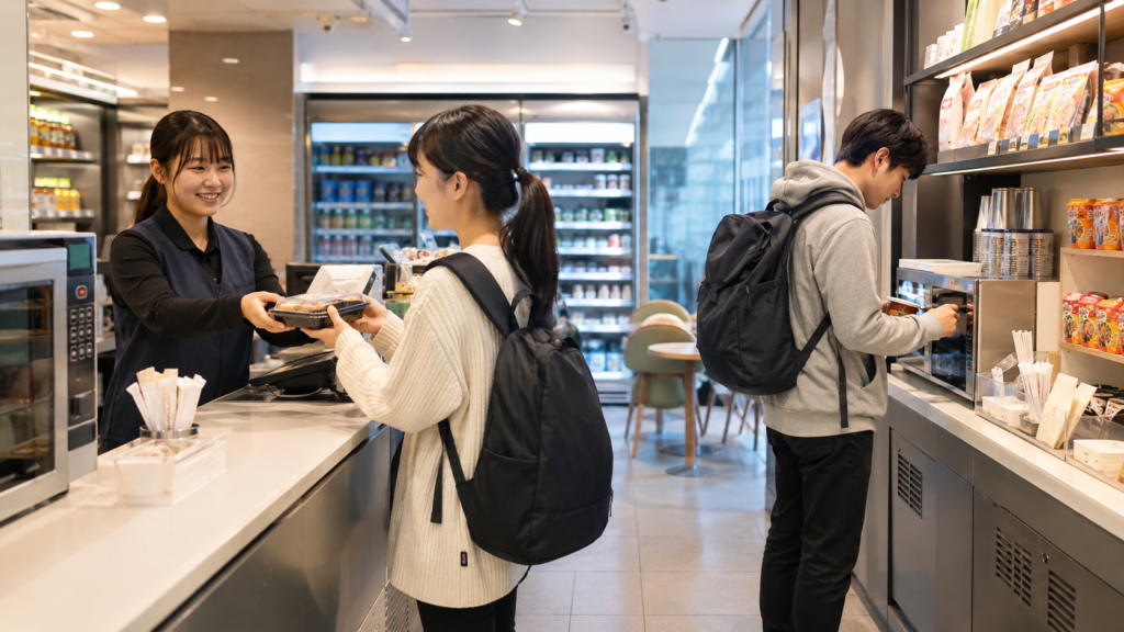 韓国コンビニで弁当を温めてもらい、電子レンジやカップ麺コーナーの使い方を確認する日本人旅行者