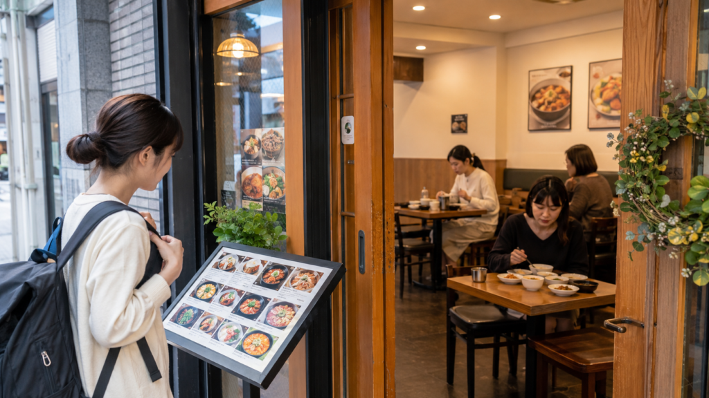 韓国で一人ご飯しやすい店かどうかを確認するために、入口でメニュー写真と店内の雰囲気を見る日本人女性旅行者