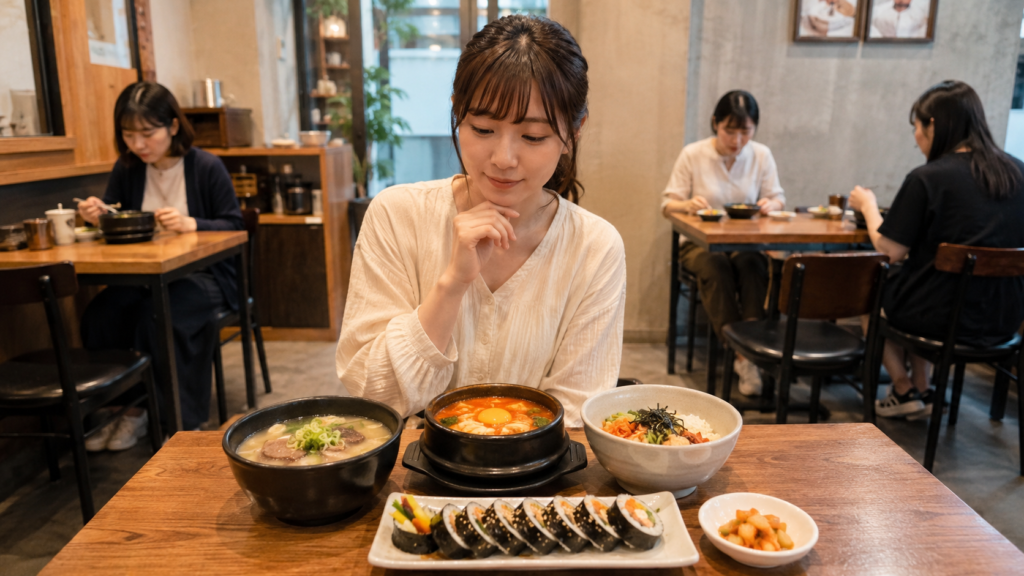 韓国の一人ご飯で選びやすいクッパ、スンドゥブ、キンパ、丼ご飯を比較しながら考える日本人女性旅行者