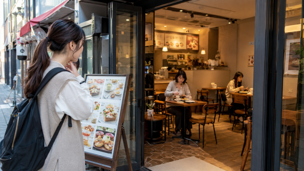 明洞でひとり朝ごはんしやすい店かどうかを、入口でメニュー写真と店内の雰囲気を見ながら確認する日本人女性旅行者