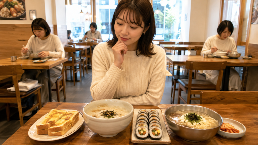 明洞でひとり旅の朝ごはんに選びやすいトースト、お粥、キンパ、麺を比較して考える日本人女性旅行者