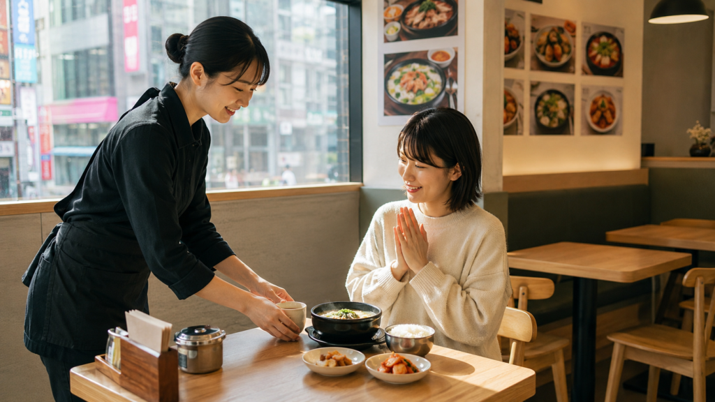 明洞でひとりでも入りやすい朝食店に入り、安心して韓国の朝ごはんを楽しむ日本人女性旅行者の様子