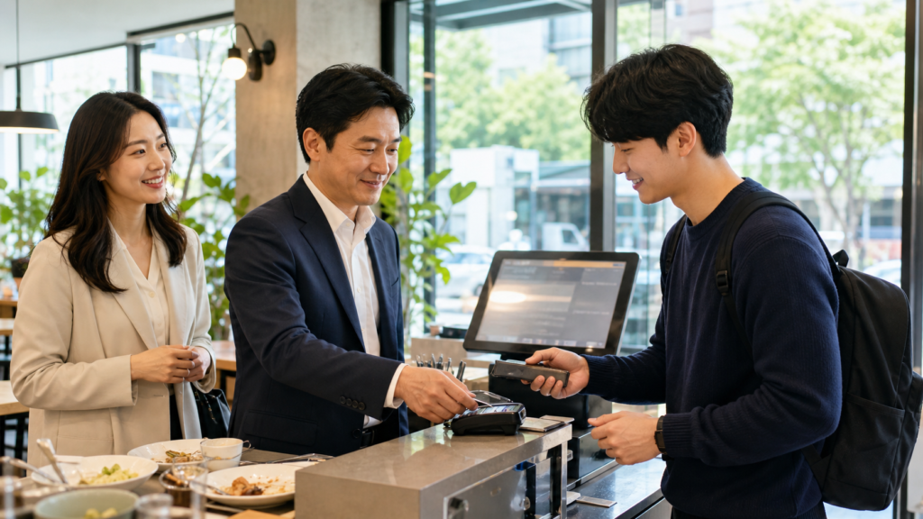 韓国の先輩後輩文化と会計マナーの場面