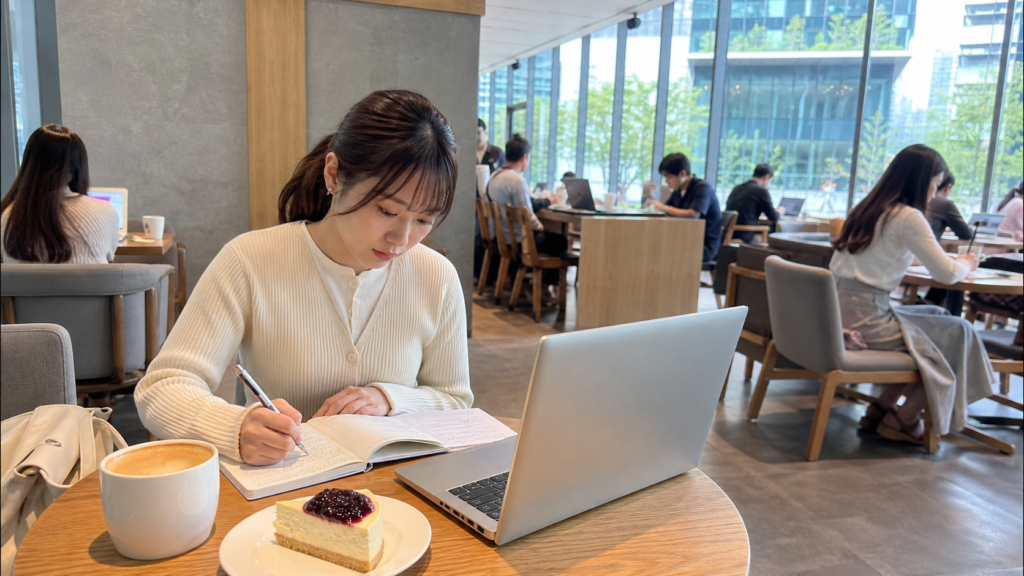 ソウルの大型チェーンカフェで勉強する日本人女性旅行者