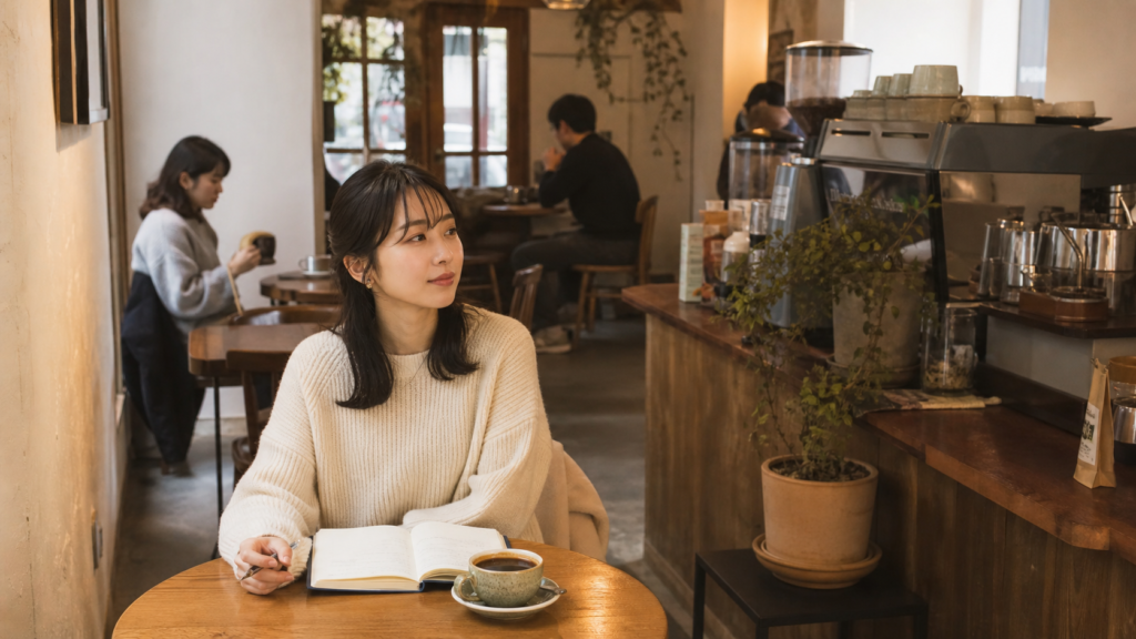 ソウルの個人カフェで静かに過ごす日本人女性旅行者