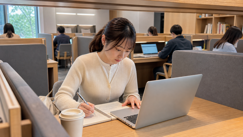 ソウルのスタディカフェで集中して勉強する日本人女性旅行者