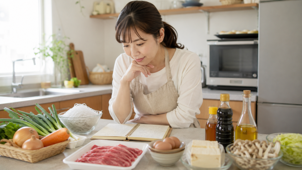 辛くない韓国料理の材料を選ぶ日本人女性の様子
