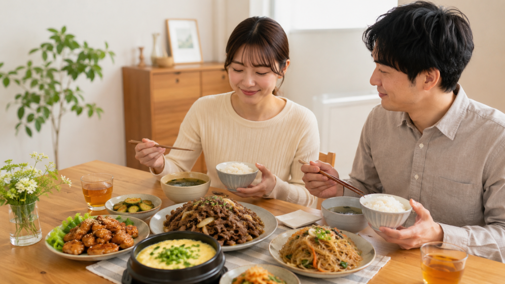 初心者向けの辛くない韓国料理を楽しむ日本人の食卓
