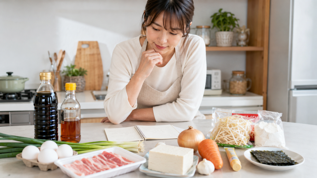 日本のスーパー食材で韓国料理を作る準備をする日本人女性