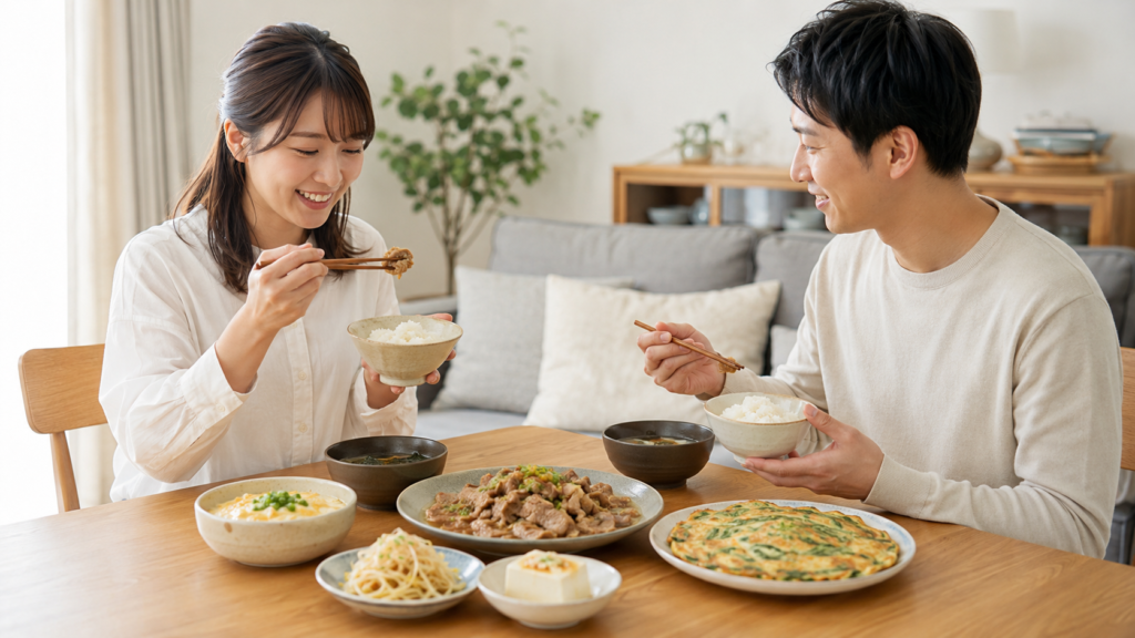 日本の材料で作った韓国家庭料理を楽しむ日本人の食卓