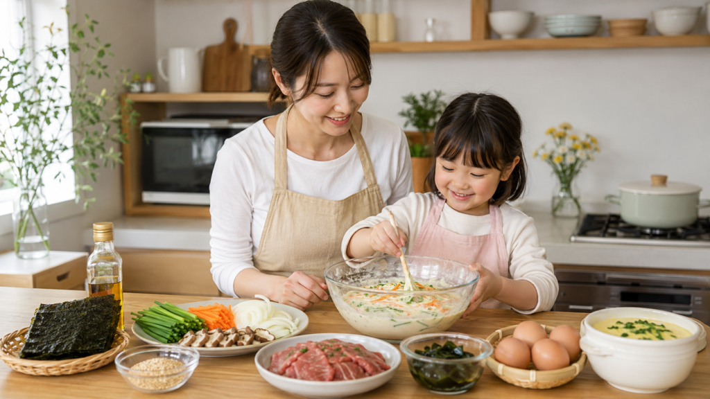 子供と一緒に辛くない韓国料理を作る様子。チヂミ生地、野菜、卵、わかめ、ごま油、韓国のりを使った家族向けおうち韓国ごはん