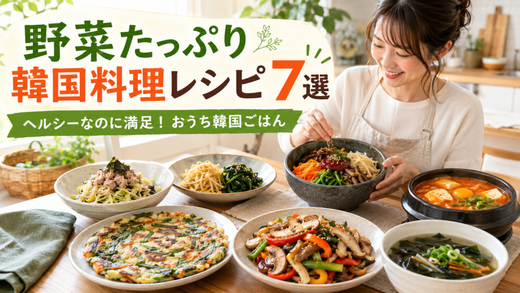 野菜たっぷり韓国料理レシピ7選のブログ用サムネイル。ビビンバ、ナムル、チヂミ、豆腐スンドゥブ風スープ、わかめスープを並べたヘルシーなおうち韓国ごはん