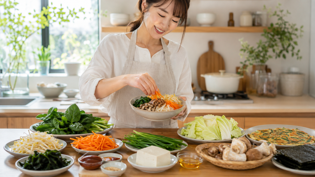 野菜たっぷりの韓国料理を日本の家庭キッチンで作る様子。もやし、ほうれん草、にんじん、にら、豆腐、ごま油を使ったヘルシーなおうち韓国ごはん