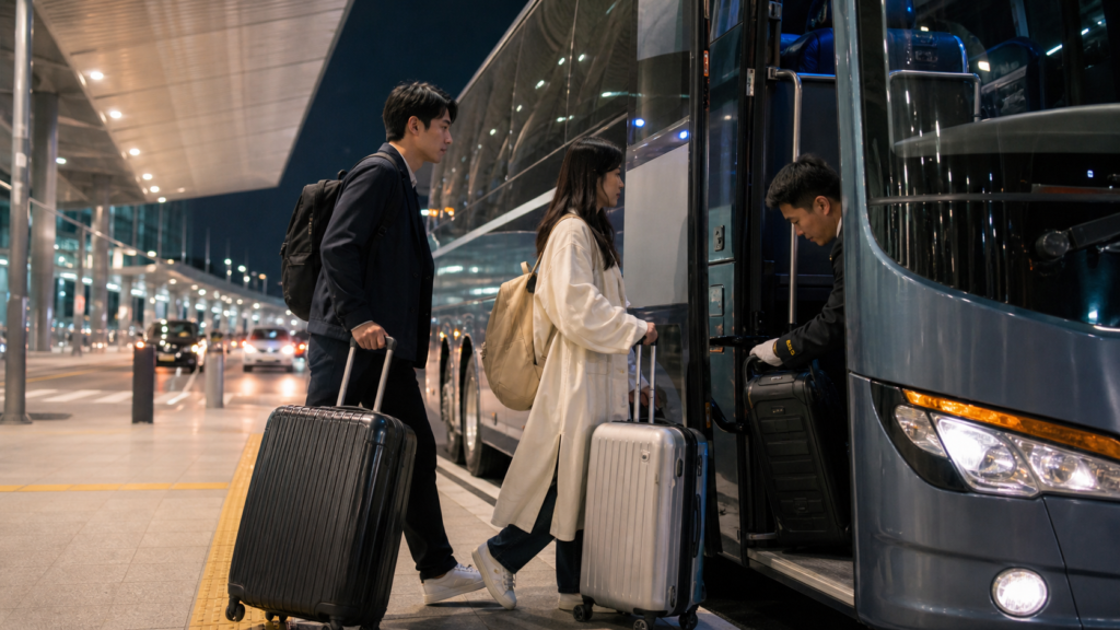 仁川空港で深夜リムジンバスに乗車する日本人カップルとスーツケース"