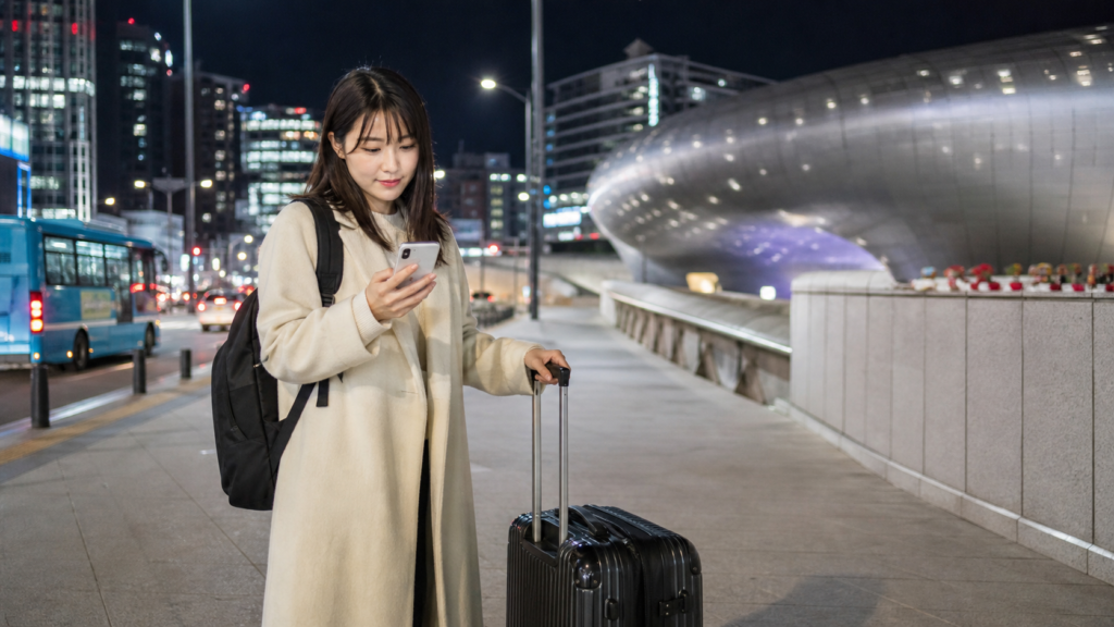 東大門エリアに深夜到着しスマホ地図を確認する日本人一人旅の旅行者