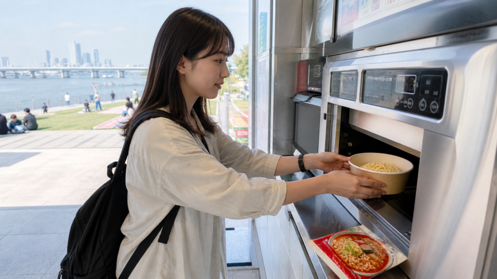 an-river-ramen-how-to.jpg" alt="韓国・ソウルの漢江公園近くのコンビニで、日本人女性が漢江ラーメン専用の自動調理機に紙容器をセットしている様子。漢江ラーメンの作り方を説明するイメージ