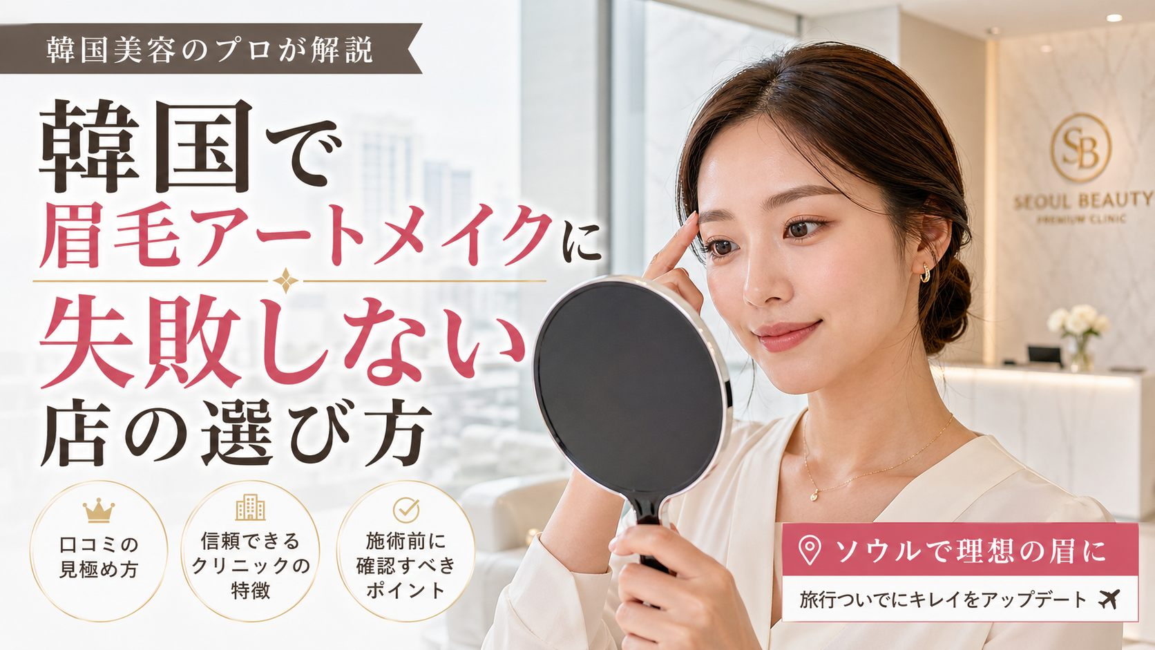 韓国の美容クリニックで手鏡を見ながら自然な眉を確認する日本人女性。韓国で眉毛アートメイクに失敗しない店の選び方を紹介するブログのサムネイル画像