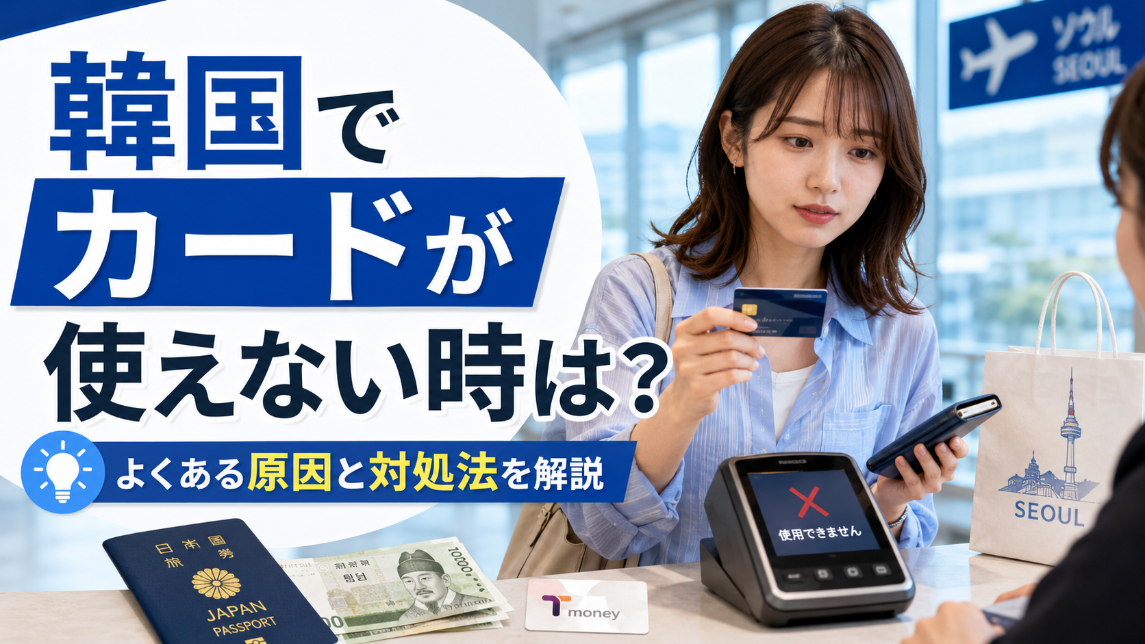 韓国旅行中にクレジットカードが使えない時の対処法を紹介するサムネイル画像